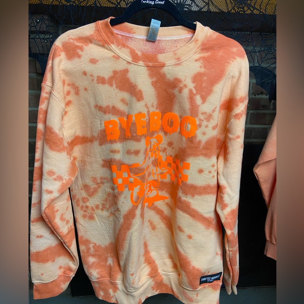 Orange Spiral Tie-Dye Puffy Skating Ghost Crewneck, Size Medium